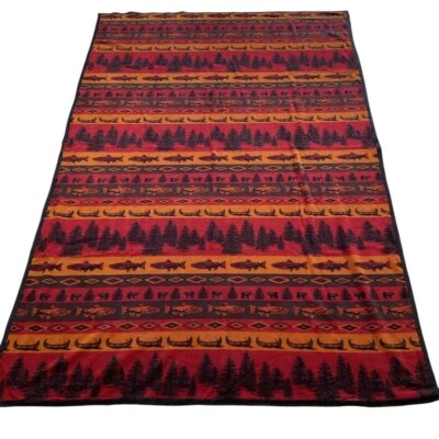 Cabin Blanket Throw Red Black Rustic Lodge Trees Fish Canoe Decor - Image 1 of 4