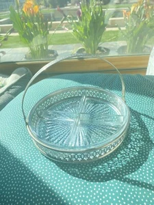 Depression Glass Candy Divided Relish Tray Handled silverplate Holder 8.5” - Picture 1 of 9