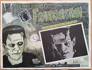 Frankenstein ORIGINAL Mexican R90s LOBBY CARD Boris Karloff naif horror art a - Picture 1 of 3
