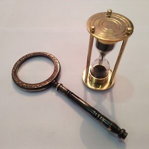 Antique Brass Magnifying Glass With Sand timer Vintage Collectible Desktop Item