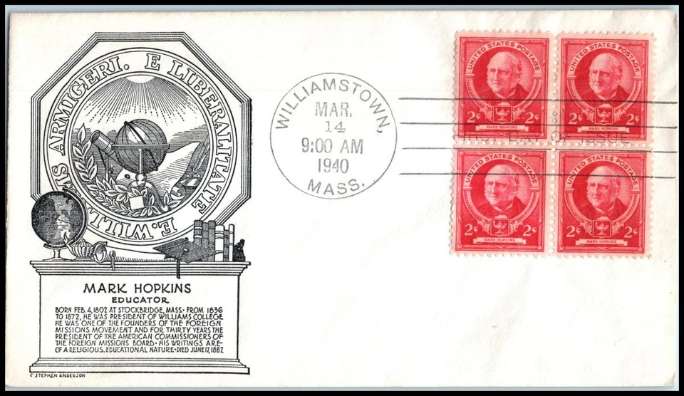 1940 Mark Hopkins Famous Americans Sc 870 FDC with C Stephen Anderson cachet (14 - Image 1 of 1