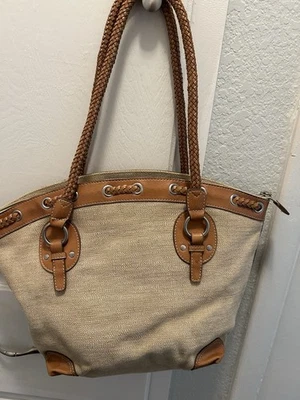 Bolso de hombro grande vintage de lona y cuero fósil caqui tostado con cremallera #75082 Foto 1 de 4