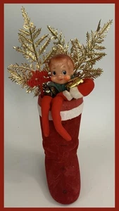 Vtg Flocked 11” Christmas Santa Boot W/Knee Hugger Elf/Present/Bell - E. Germany - Picture 1 of 14