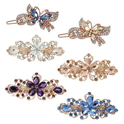6 Pack Fancy Flower Butterfly Leaf Hair Clips with Jeweled Gems Crystal  - Image 1 of 4