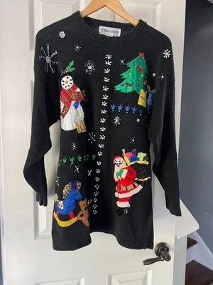Suéter Vintage Victoria Harbour Navidad L Muñeco de Nieve Papá Noel Cuentas Tejido Feo Foto 1 de 4