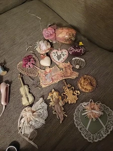 Vtg Victorian Style Christmas Ornaments Mix Lot of 15 Lace Angel Pink Rose Gold - Picture 1 of 21
