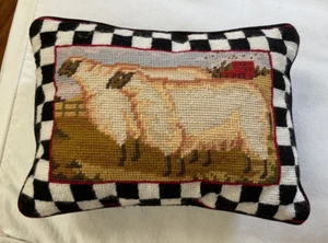 Two's Company Needlepoint " Sheep " Pillow with Black Velvet  Back. 9"x12". - Picture 1 of 4