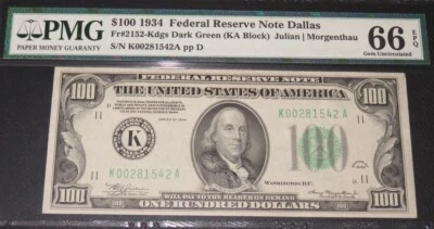 $100 1934 Dallas FRN. Fr. 2152-Kdgs. TOP POP NOTE. Pop: 3/0. PMG 66 EPQ - Image 1 of 3