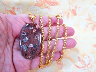 Genuine Copy Jasper Cab. Pendant w/ 30" Gold Plated Stainless Steel Necklace / C - Image 1 of 4