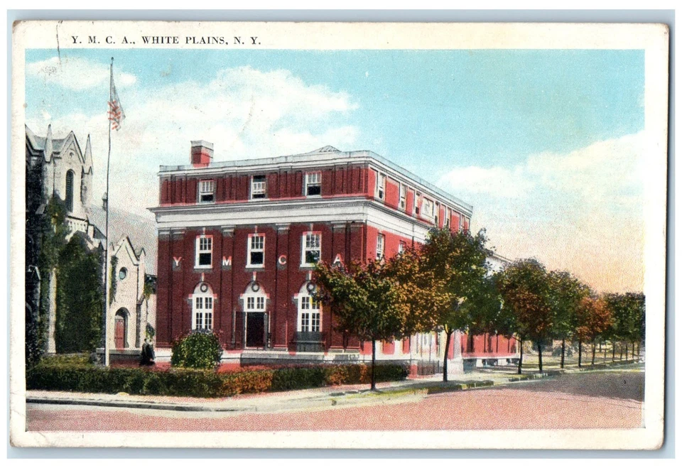 1921 Y.M.C.A Building Street Tree-lined View White Plains Valhalla NY Postcard - Image 1 of 2