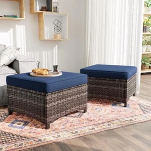 JOYSIDE Patio Ottoman 22.05" x 13.58" x 22.05" UV Resistant w/ Blue Cushion - Picture 1 of 5