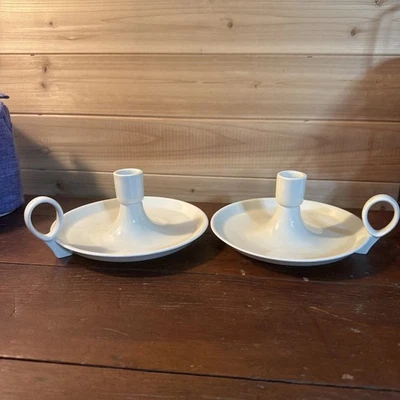 SET of 2 - Ikea Candlestick Candle Holder w/Handle Ceramic White 3" T X 7” W - Image 1 of 4