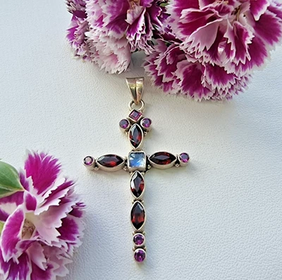 NICKY BUTLER 925 STERLING SILVER GARNET TOURMALINE  AND MOONSTONE CROSS PENDANT - Image 1 of 4