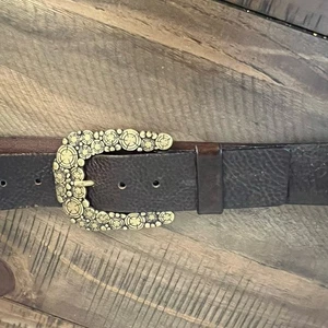 Damen Vintage Brutalist Messing Schnalle Hippie Kiesel Leder Gürtel 38 - Bild 1 von 5