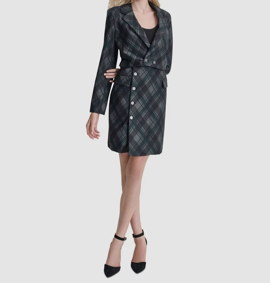 DKNY Women's Green Plaid Notch Lapel Long Sleeve Blazer Dress Petite Size 4