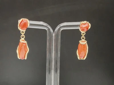 Orecchini donna vero corallo rosso di Sardegna argento 925 oro pendenti - Immagine 1 di 4