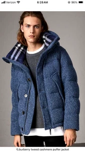 $2850 Burberry 100% Cashmere Down Jacket, 42, Blue Tweed, Fur Trim...Beautiful! - Picture 1 of 9