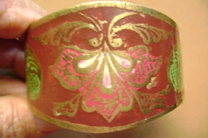 VINTAGE 1970"S RED MAROON , PINK BUTTERFLY WIDE BRASS CUFF BRACELET - Picture 1 of 7