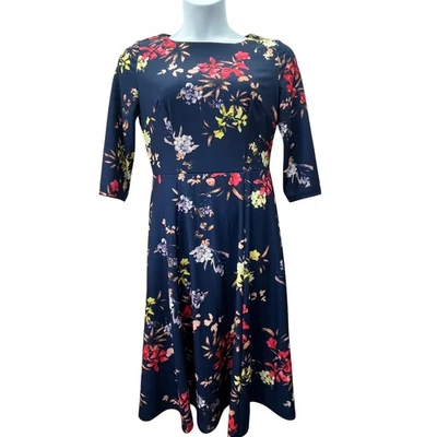 Vestido midi para mujer azul marino estampado floral manga 3/4 ajuste acampanado L loco hombre arte de usar Foto 1 de 4