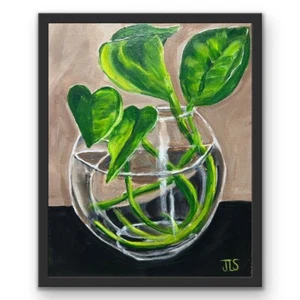 Plant In Glass Bowl Painting 8 X 10” Framed, Hand Painted Still Life,NOT A PRINT - Picture 1 of 3