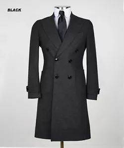 Mens Double Breasted Mid Long Black Overcoat Thick Warm Trench Coats 100% Wool - Picture 1 of 10