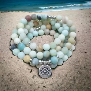 Natural Amazonite 108 Mala Beads Necklace Lotus Healing Wrap Bracelet Gift - Picture 1 of 3