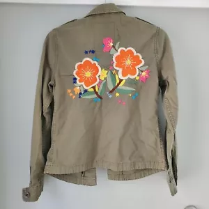 Lucky Brand Embroidered Flowers Utility Military Jacket Olive Green Small - Picture 1 of 5