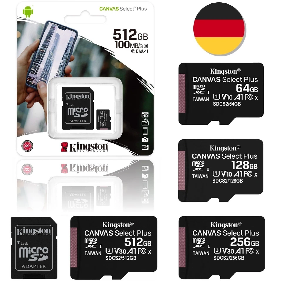 Micro SD Karte 64 128 256 512 GB Speicherkarte Adapter Kingston Canvas Plus - Bild 1 von 1