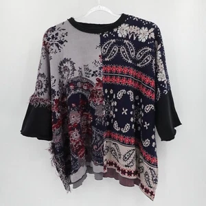 Free People Top Sz M/L Blue Bandana Pieced Patchwork Fringe Boho Tunic Oversized - Picture 1 of 15