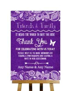 Purple Burlap & Lace Effect Thank You Guestbook Personalised Wedding Sign - Picture 1 of 8
