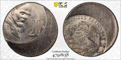 Mexico Mint Error 1980 Mo 20 Centavos PCGS MS61 Struck 30% Off Center - Image 1 of 2