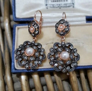 Vintage 925 Sterling Silver Earrings, Faux Pearls and Paste,Rose Gold, Victorian - Picture 1 of 7