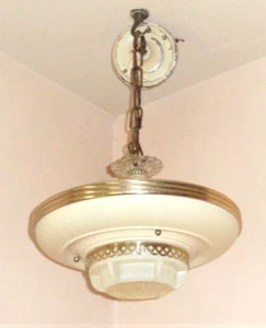 Atomic Art Deco 1950s Cream Aluminum 3 Chain Hanging Pendent Light Fixture - Picture 1 of 10