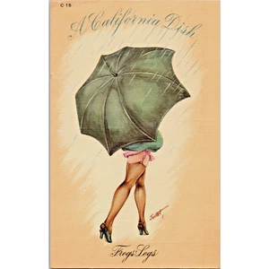 FROG'S LEGS - A California Dish - Vintage Pin-up Linen Postcard - Pretty Girl - Picture 1 of 2