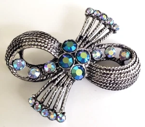 Vintage Bow Blue Borealis Rhinestone Silver Tone Pin 2-1/8" - Picture 1 of 3