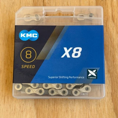 Cadena de bicicleta KMC 8 velocidades X8 8 velocidades bicicleta gris plata 116 eslabones 1/2"x3/32" carretera MTB  Foto 1 de 2