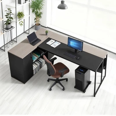 Uimoso L-Shaped Office Desk with Storage,Drawers,and CPU Stand, 350 lbs Capacity - Image 1 of 4