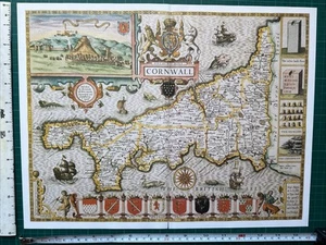 Old Antique Tudor map Cornwall, England Speed 1610, 1600's Reprint - Picture 1 of 19