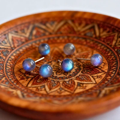 Minimalist Labradorite Stud Earrings Healing Reiki November Birthstone Jewelry - Image 1 of 3