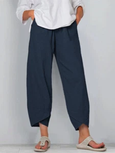 Pantalone donna lino estivo casual Capri pantalone con tasche palazzo cropped comodo - Foto 1 di 31