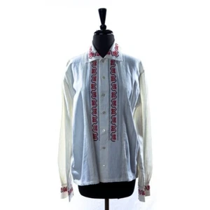 Vintage 1975 Men’s Handmade Romanian Red Purple Embroidered Pleated Shirt White - Picture 1 of 10