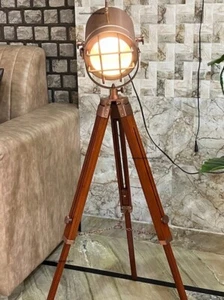 Copper Antique Floor Lamp with Tripod Searchlight - Nautical Modern Standing Lig - Picture 1 of 2