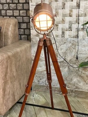 Copper Antique Floor Lamp with Tripod Searchlight - Nautical Modern Standing Lig - Image 1 of 2