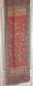 Etro Blue & Orange Floral Print Silk Fringes Edge semi sheer Scarf 52 X 18“ - Picture 1 of 4