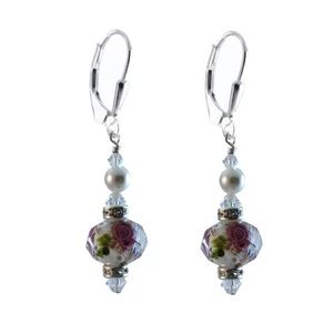 Earrings made w/ Swarovski Crystal Elements White Pearl, and Lampwork Glass - Picture 1 of 1