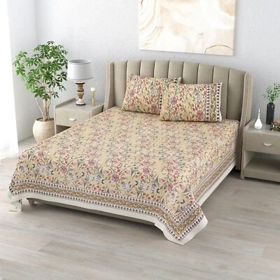 Handmade Cotton Bedsheet Printed with 2 Pillow Covers Double Bed king size - Image 1 of 4