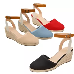 Women Espadrilles Wedge Heel Ankle Strap Close Toe Platform Comfort Wedge Sandal - Picture 1 of 29