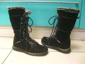 SKECHERS GRANDJAMS BOOTS 6 39 SNOW BIKER flat black suede leather furry winter - Picture 1 of 20