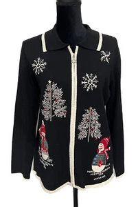 Karen Scott Medium Embroidered Beaded Snowman Christmas Zip Sweater Black - Picture 1 of 6