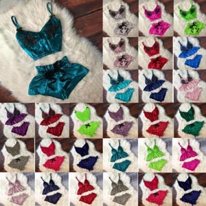 Women Sexy V-Neck Eyelash Beaded Stain Camisole Vest Pajamas Bowknot Shorts - Picture 1 of 36